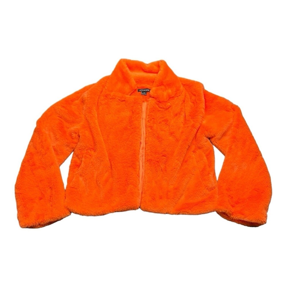 Hers & Mine Womens Solid Cropped Orange Faux Fur Jacket Coat Soft Warm EUC Sz S
